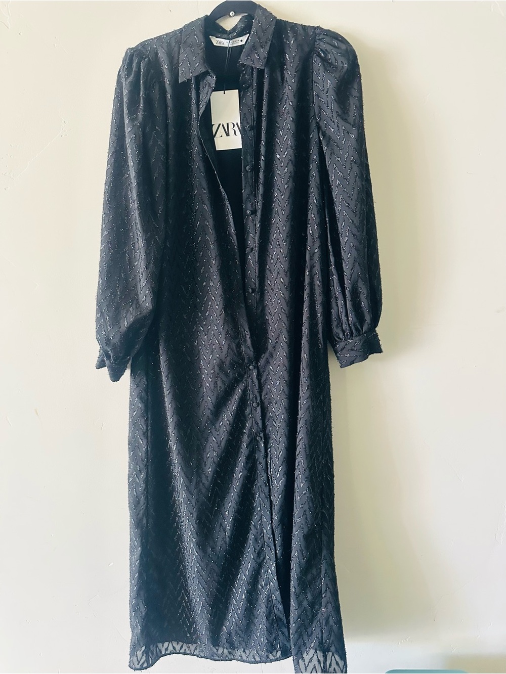 ZARA Black Textured Midi Shirt Dress
